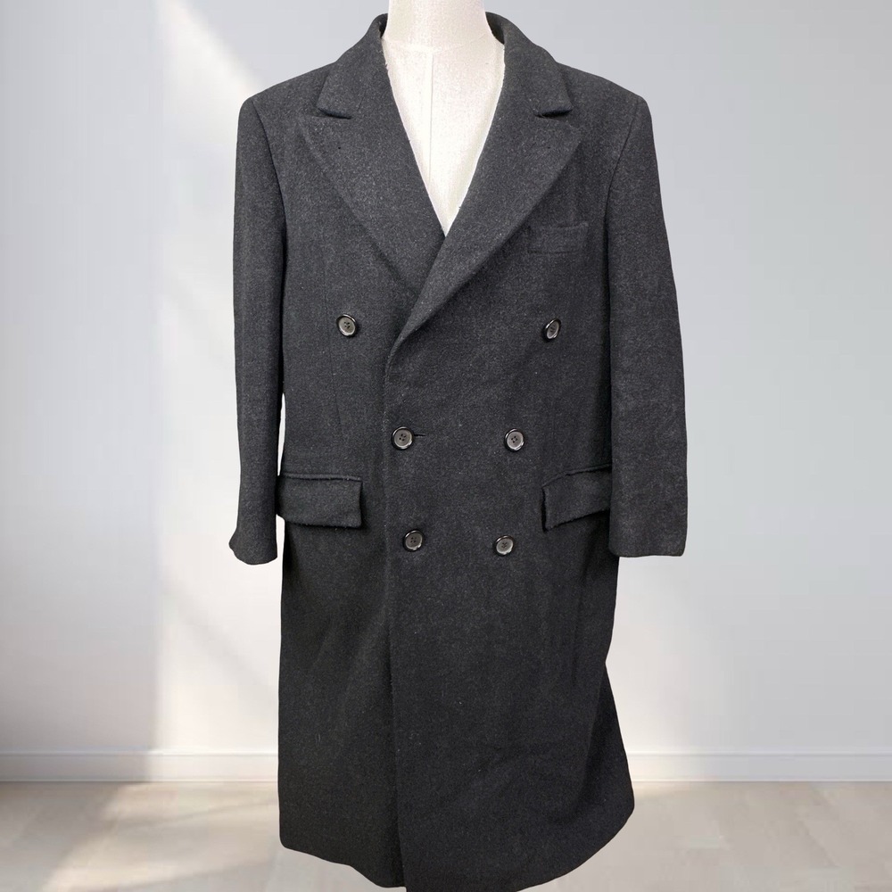 VTG Libins Wool Double Breasted‎ Peak Lapel Overcoat Men 48 Black Lined Heavy